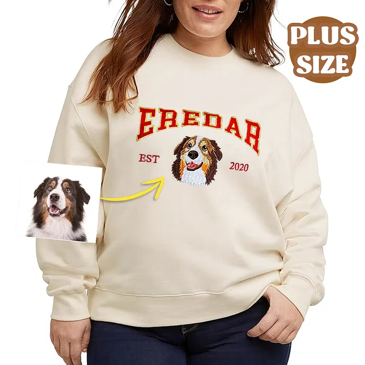 Plus Size Custom Dog Face And Name Embroidered Sweatshirt, Varsity Style Hoodie T-shirt