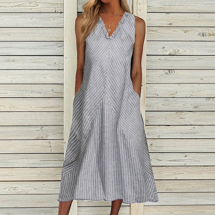 Striped V-neck Sleeveless Cotton-blend Midi Dress
