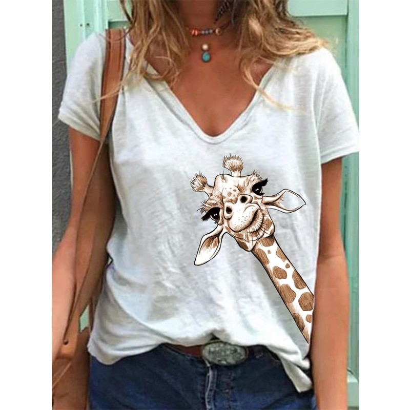 Casual Woman Tshirts Women Summer Tops Loose Giraffe Soft Short Sleeve T-shirt Top Graphic Tees T Shirts Women футболка женская