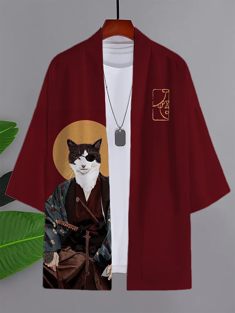 Men's Samurai Cat Art Print Casual Kimono Cardigan
