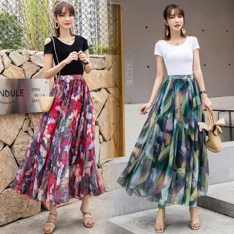 Women Skirts 2019 Summer Mesh Flower Print Elastic Waist Bohemian A-Line Sweet Chiffon Long Female Bottoms Ladies Casual Skirt