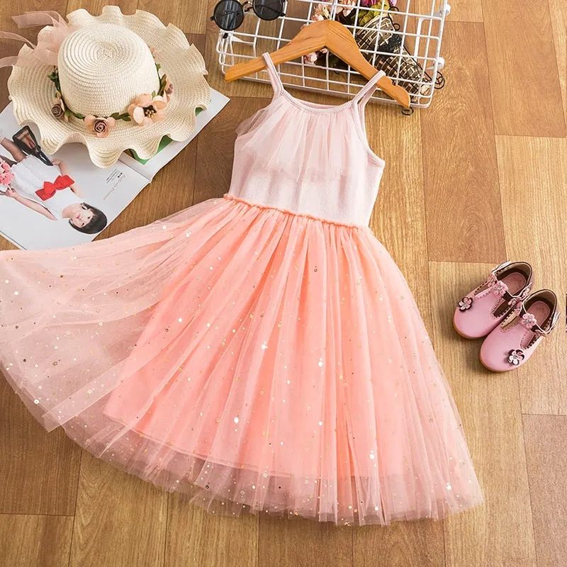 Summer Fancy Pretty Girl Colorful Dots Dress Birthday Party Princess Dress Lace Ball Gown Elegant Dress Casual Dress Size 3-8T