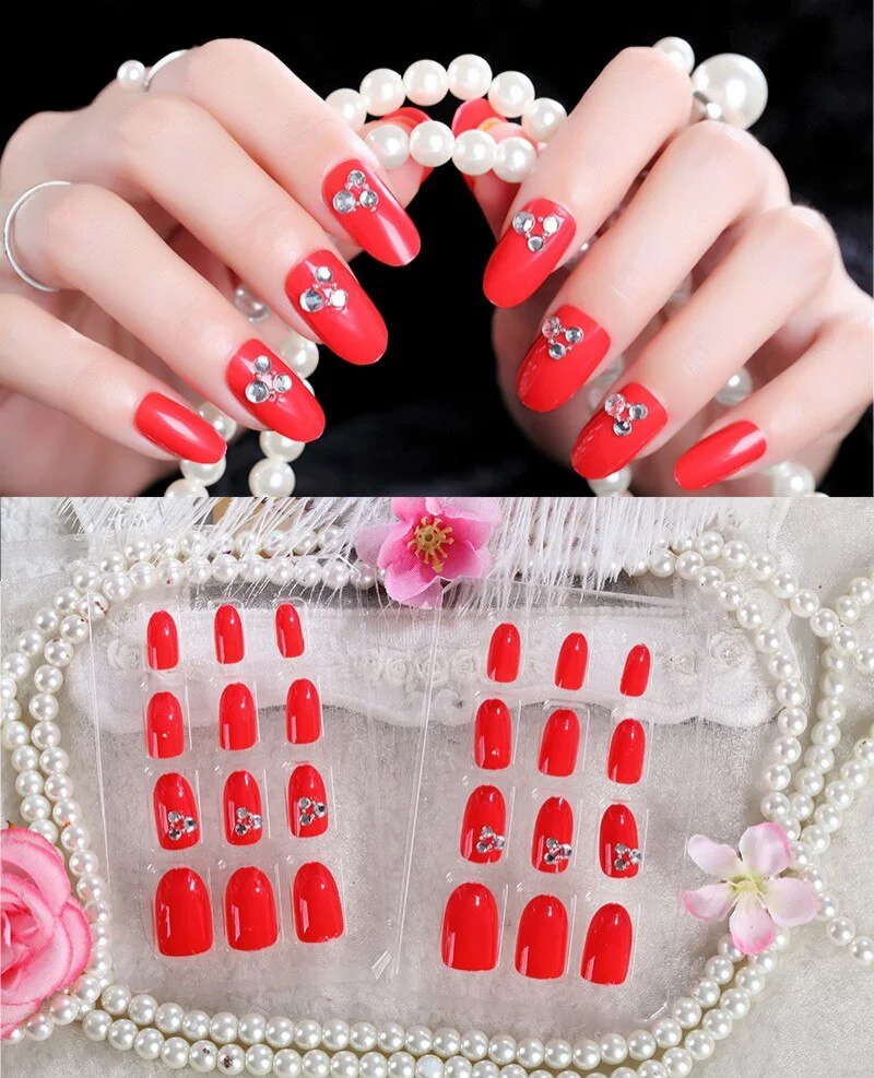 24Pcs/Set Fake Nails Press on Girls Finger Beauty False Nail Art Tips Bright Shining 3D Diamond Full Cover French Nail Art Tips-Nail Inspo