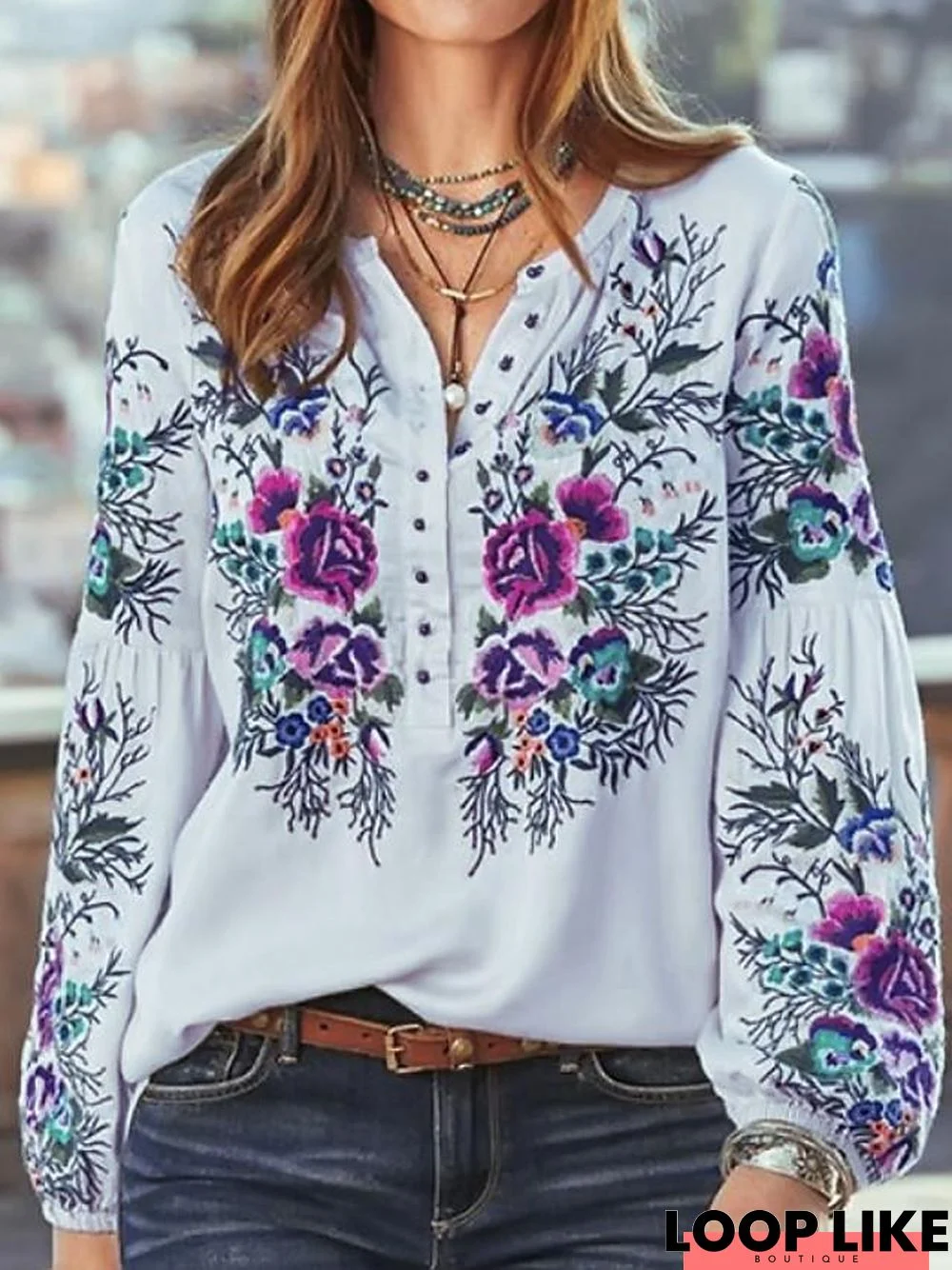 Women's Blouse Shirt Floral Flower Long Sleeve V Neck Tops Loose Basic Top Blue Yellow Blushing Pink-812