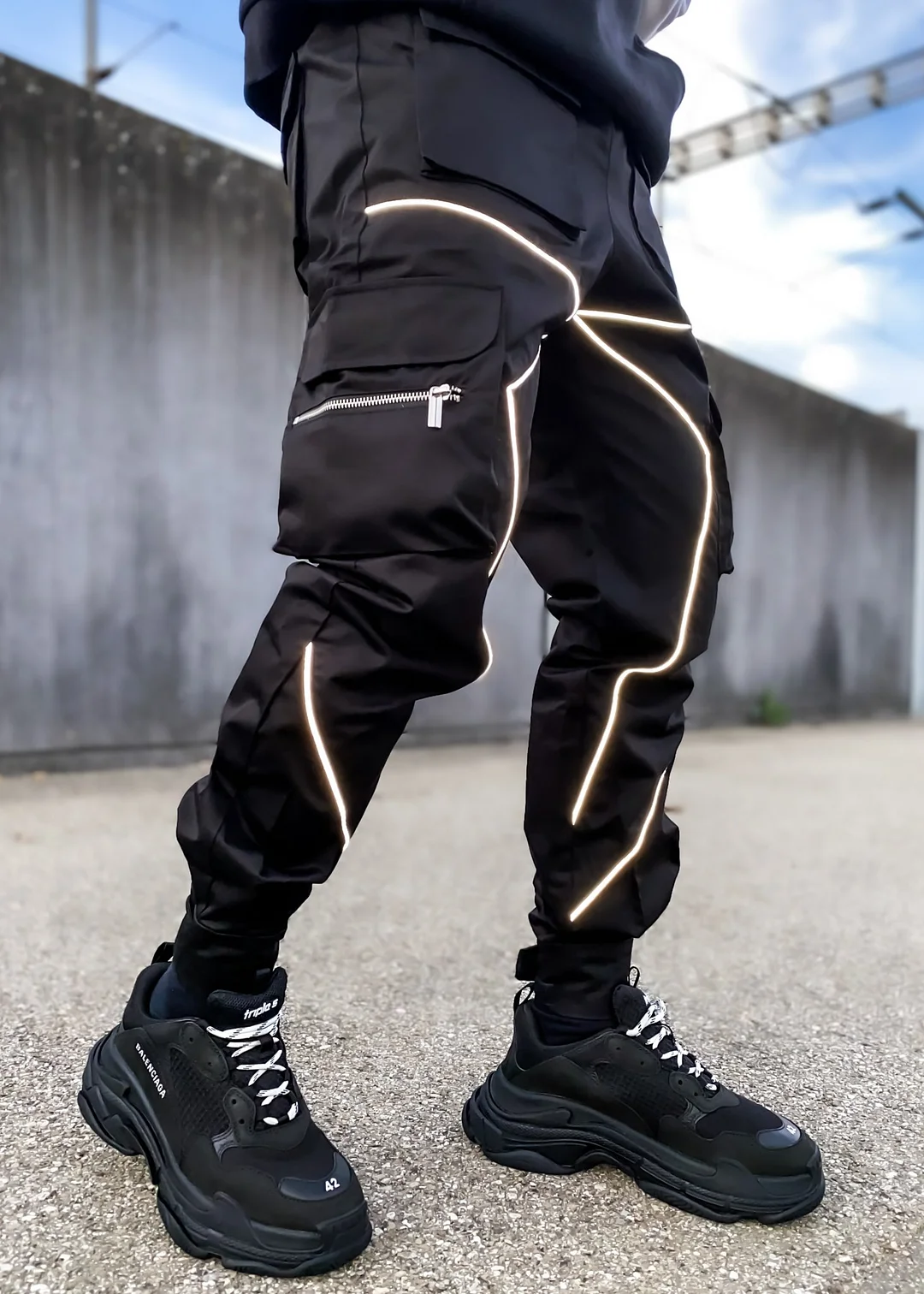 Street style multi-pocket overalls loose straight-leg trousers