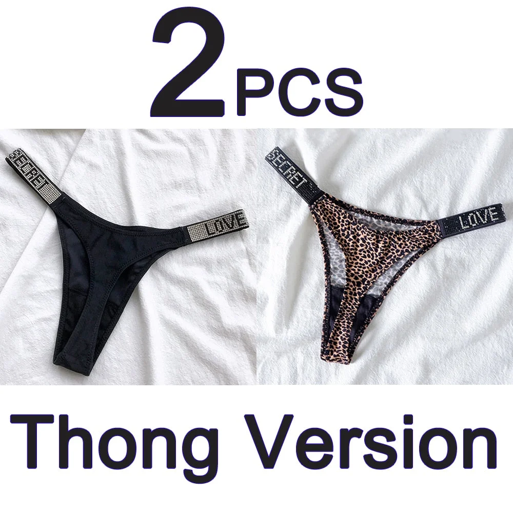 2PCS Sexy Low Waist Panties G String Comfort Satin Underwear Women Rhinestone High Fork Thong Seamless Intimates Lingerie Cotton
