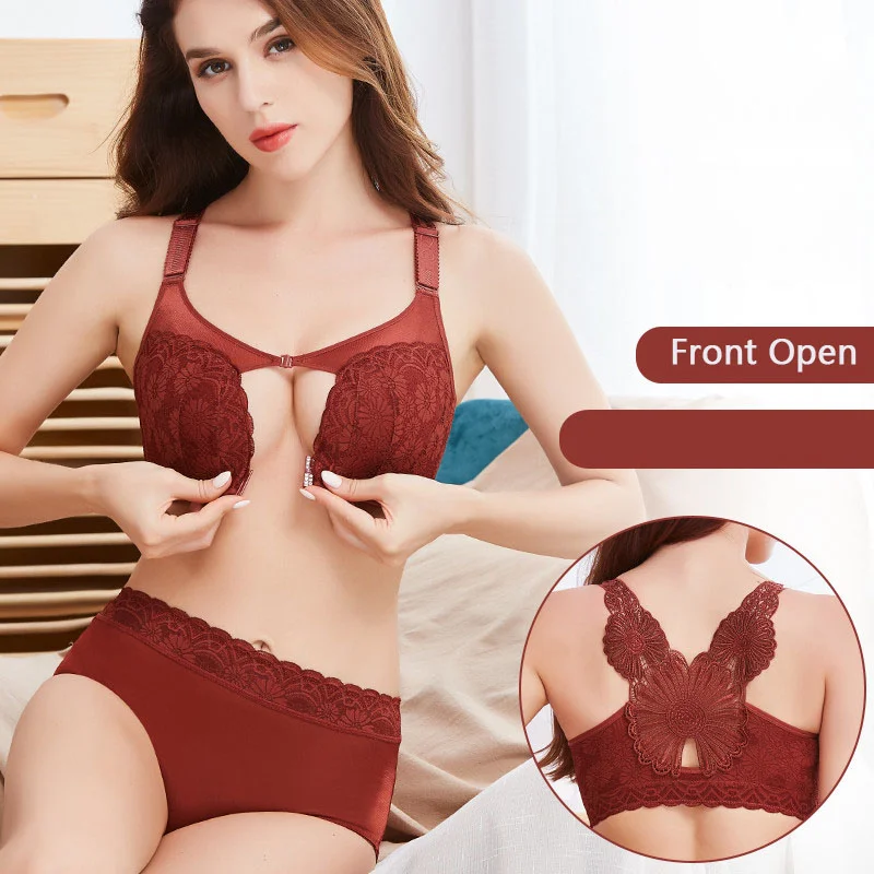 Plus Size 34B-48E  New Wirefree Sexy Front Closure Push Up Embroidery Bra