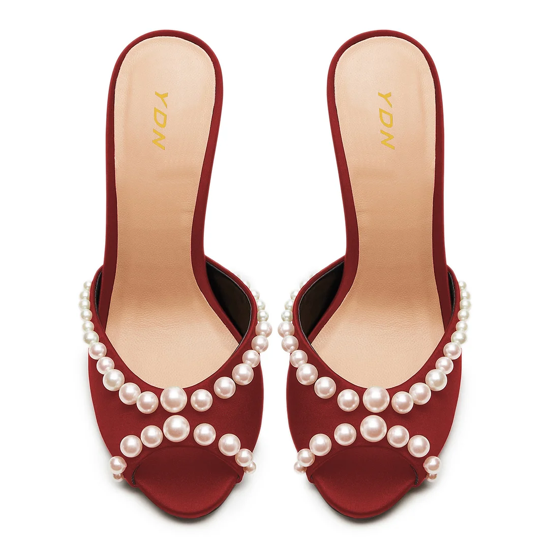 Satin Sophisticated Pearl Embellished Stiletto Heel Mules in Maroon