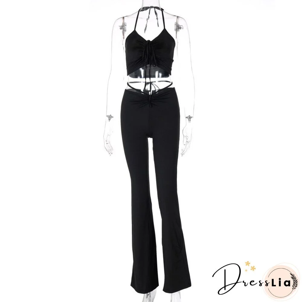 Women's New Lace Up Neck Exposed Navel Top Wrinkled Micro Flare Pants Set Two-piece Set Women 2 Pc Set For Women