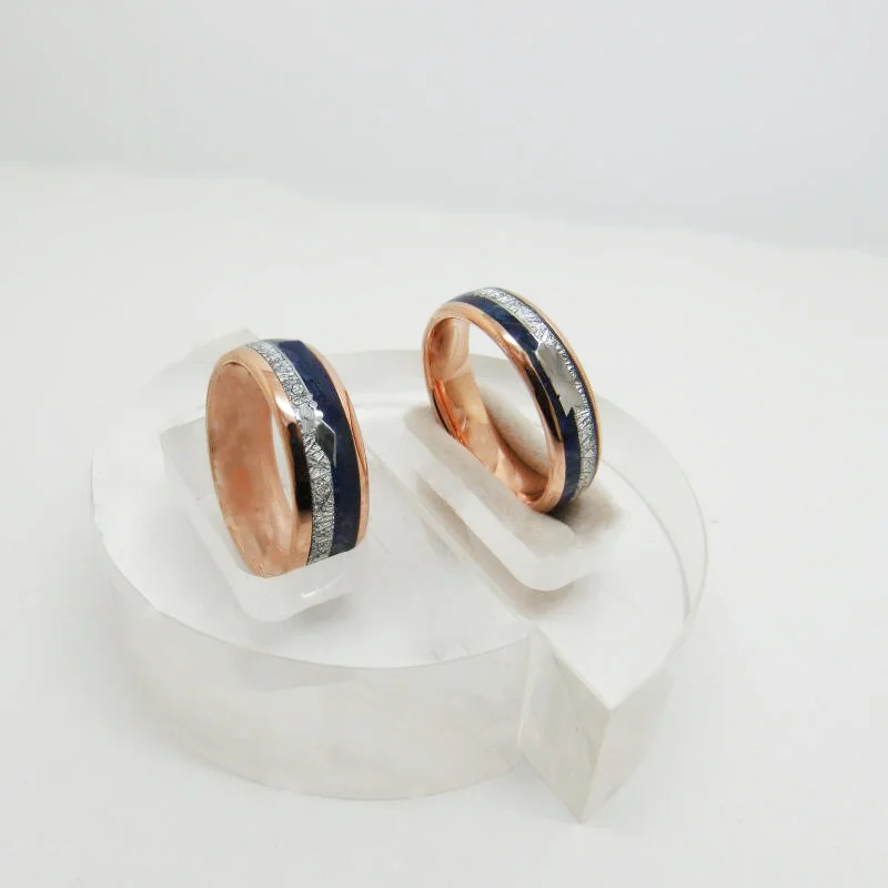 Rose Gold Tungsten Carbide Mens Womens Rings With Full Arc Electroplated Inlaid With Silver Wire And Lapis Lazuli Stone