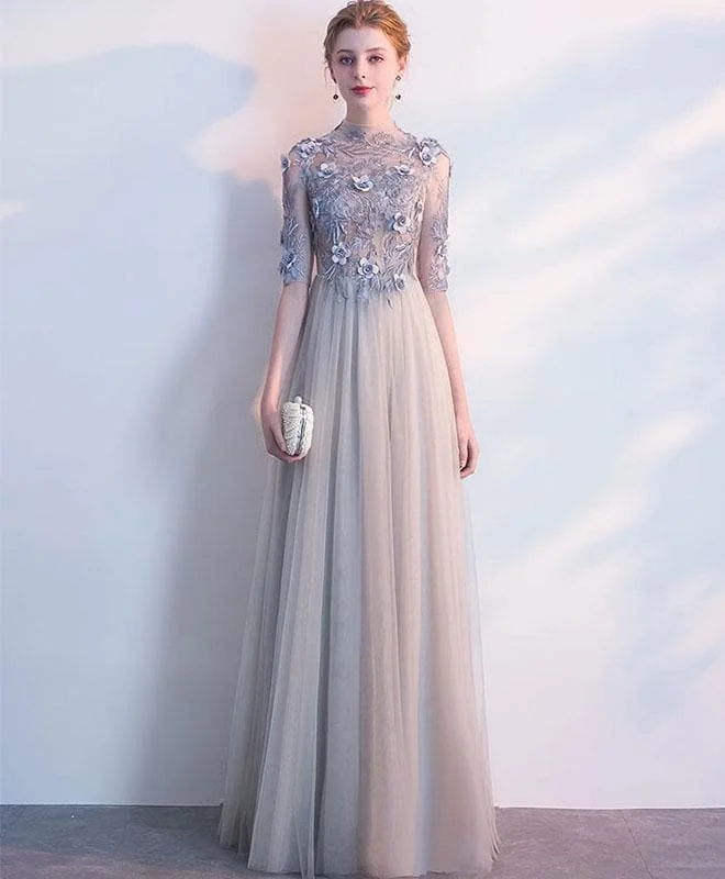 Gray Long Sleeve Lace Long Prom Dress, Lace Evening Dress