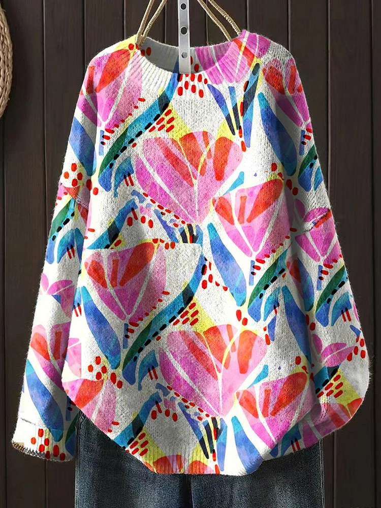 Retro  Flower  Art Print Knit Pullover Sweater