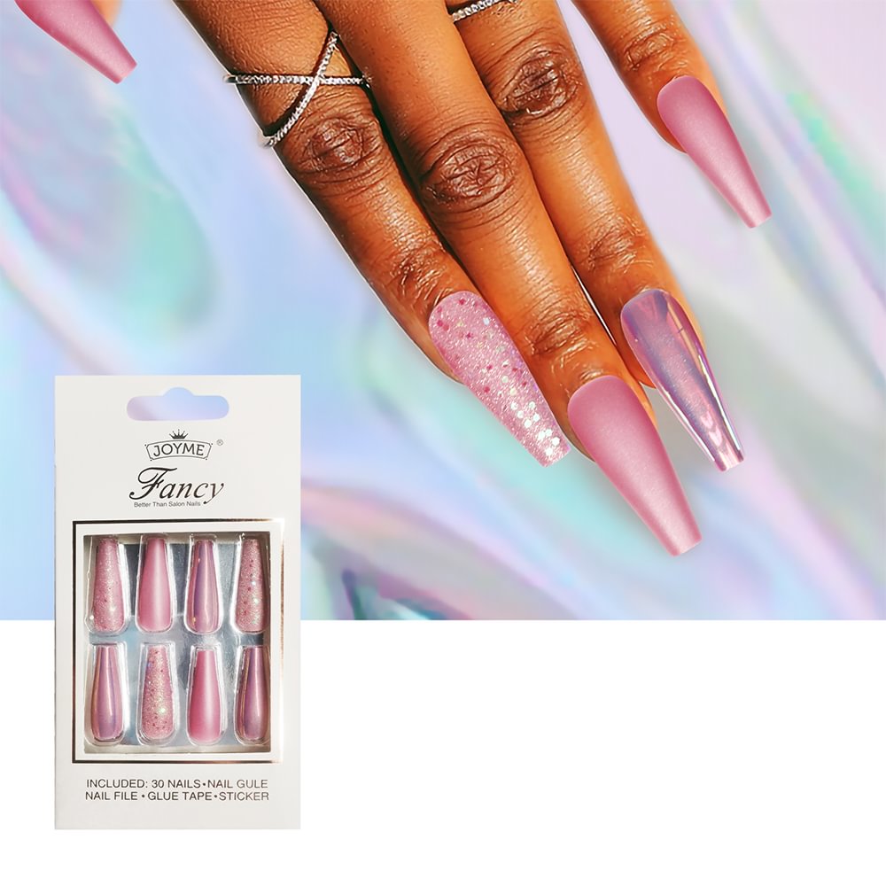 Shecustms™ 30pcs Pink Shiny Matte Press On Nails Coffin Long Fake Nails