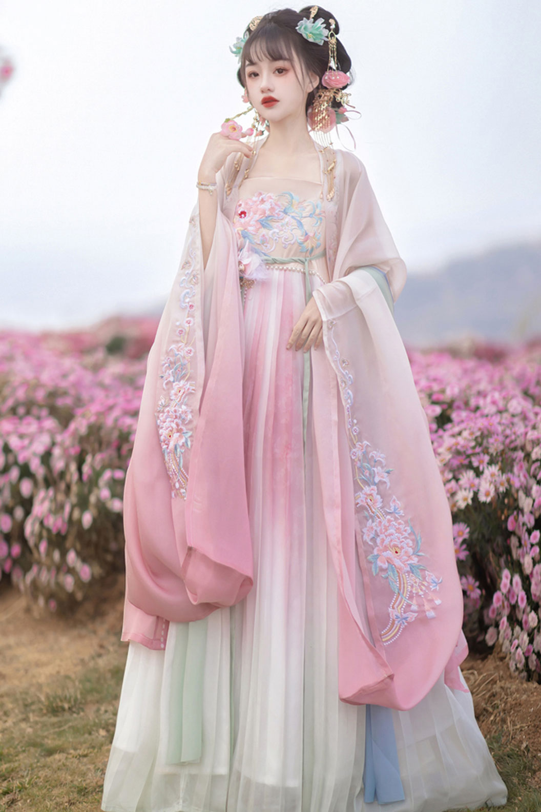 Tang dynasty hanfu one piece kouzi skirt with wide sleeved shirt - chunxuliuguang 春序流光 Stupa Stones