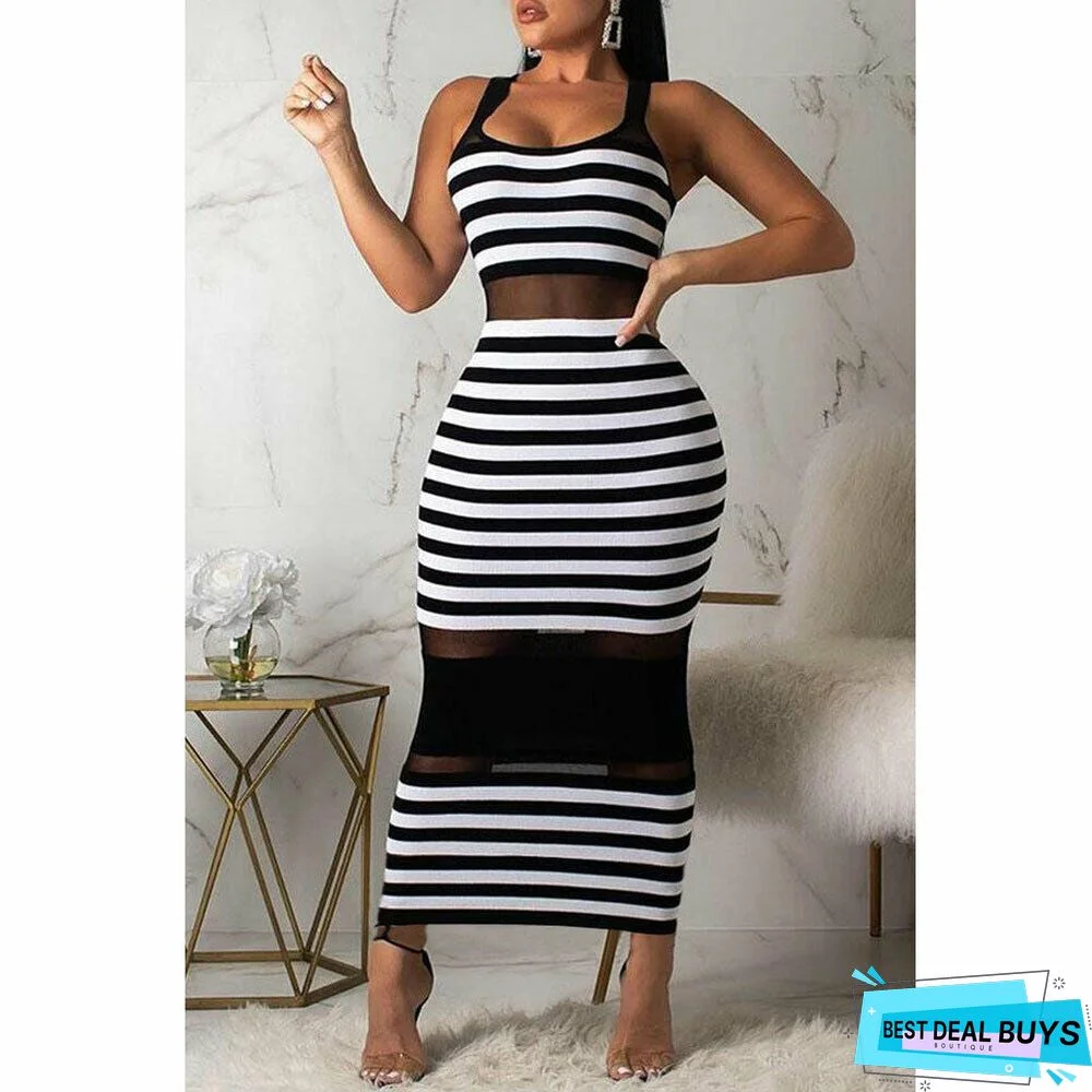 Women Striped Sleeveless Bandage Bodycon Dress Summer Beach Ladies Casual  Holiday Party Slim Dress Sundress