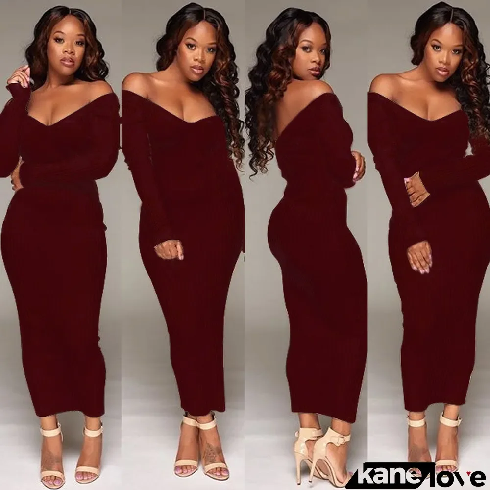 Open Shoulder Sexy V-Neck Knitted Long Sheath Dress 26899-2