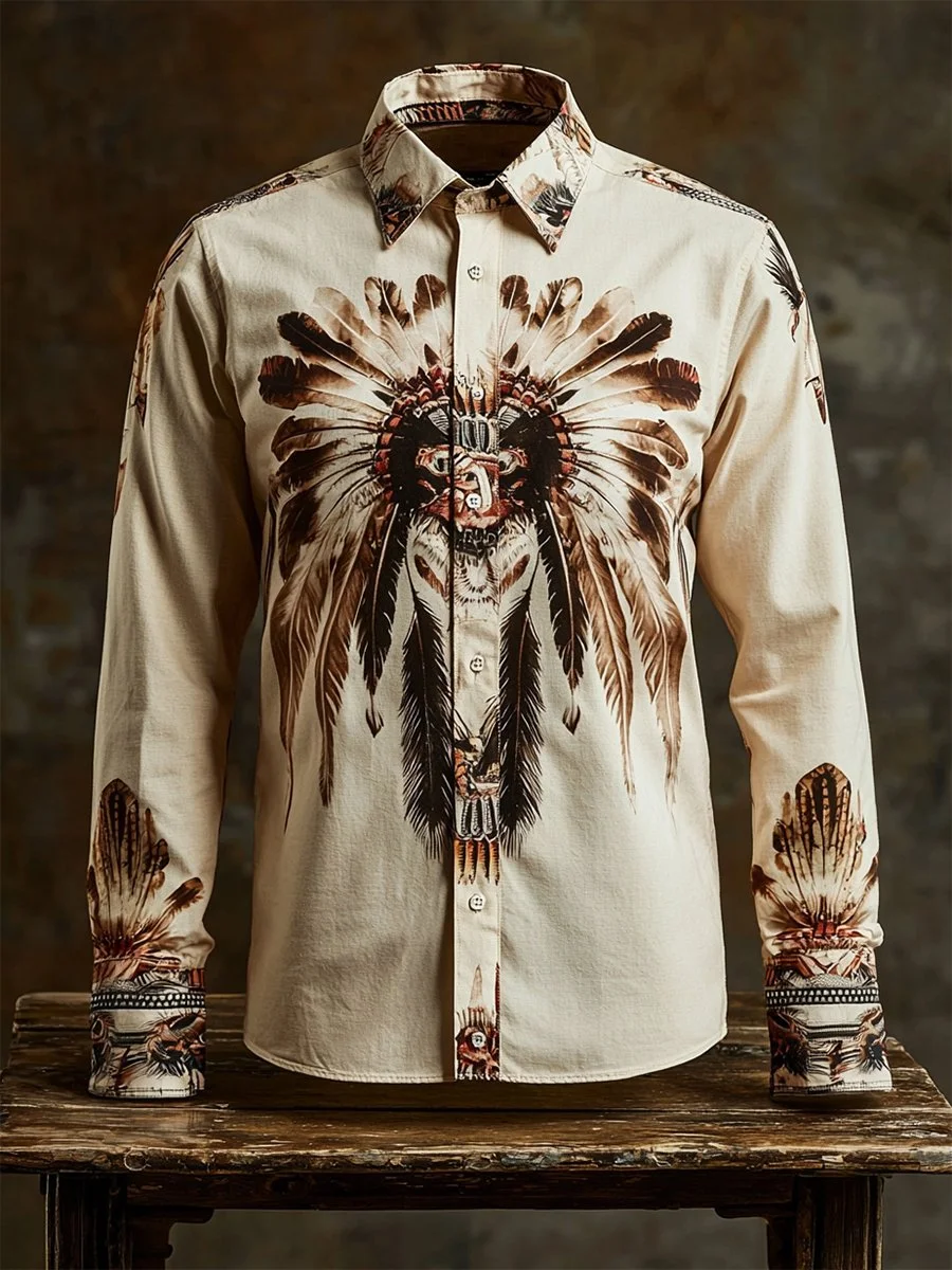 Men's Retro Casual Western Ethnic Print Long Sleeve Shirt 