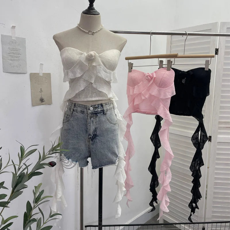 Uveng Real Shooting Lotus Leaf Side Flowers Sleeveless Chest Pads With Chest Vest Pure Desire Style Short-Term Wear 8852