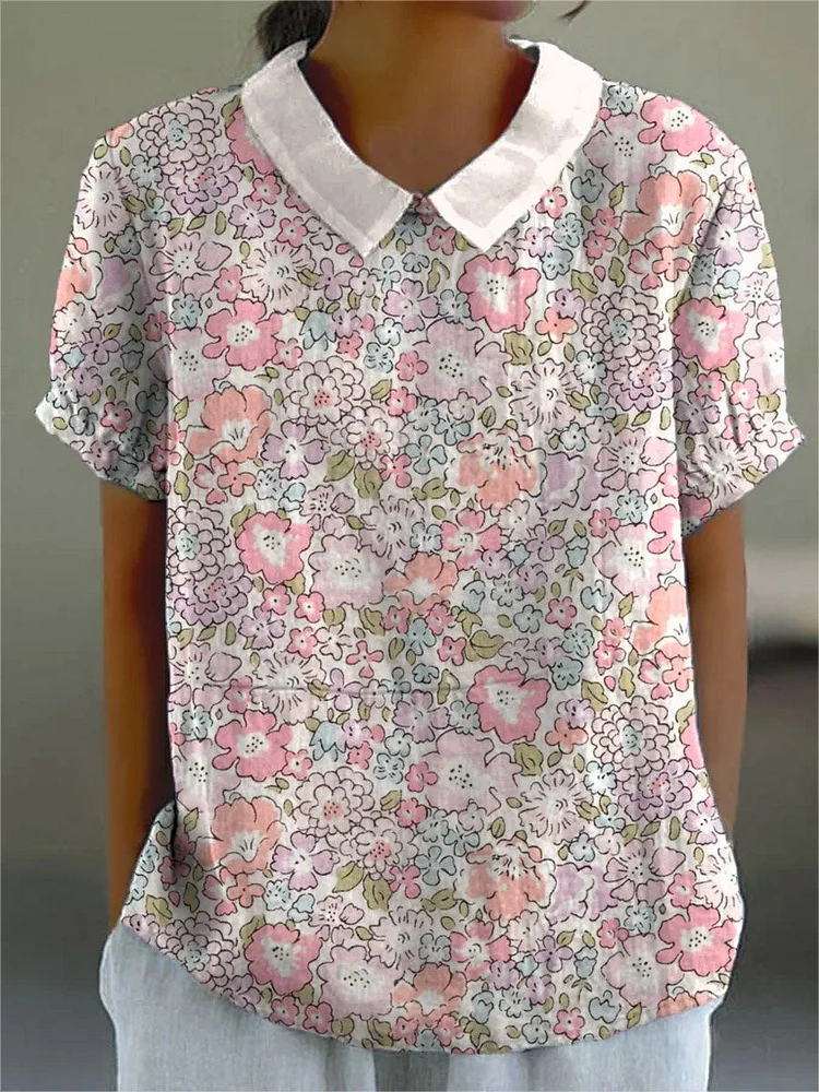 Women's Lovely Floral Art Print Casual Cotton And Linen Shirt
