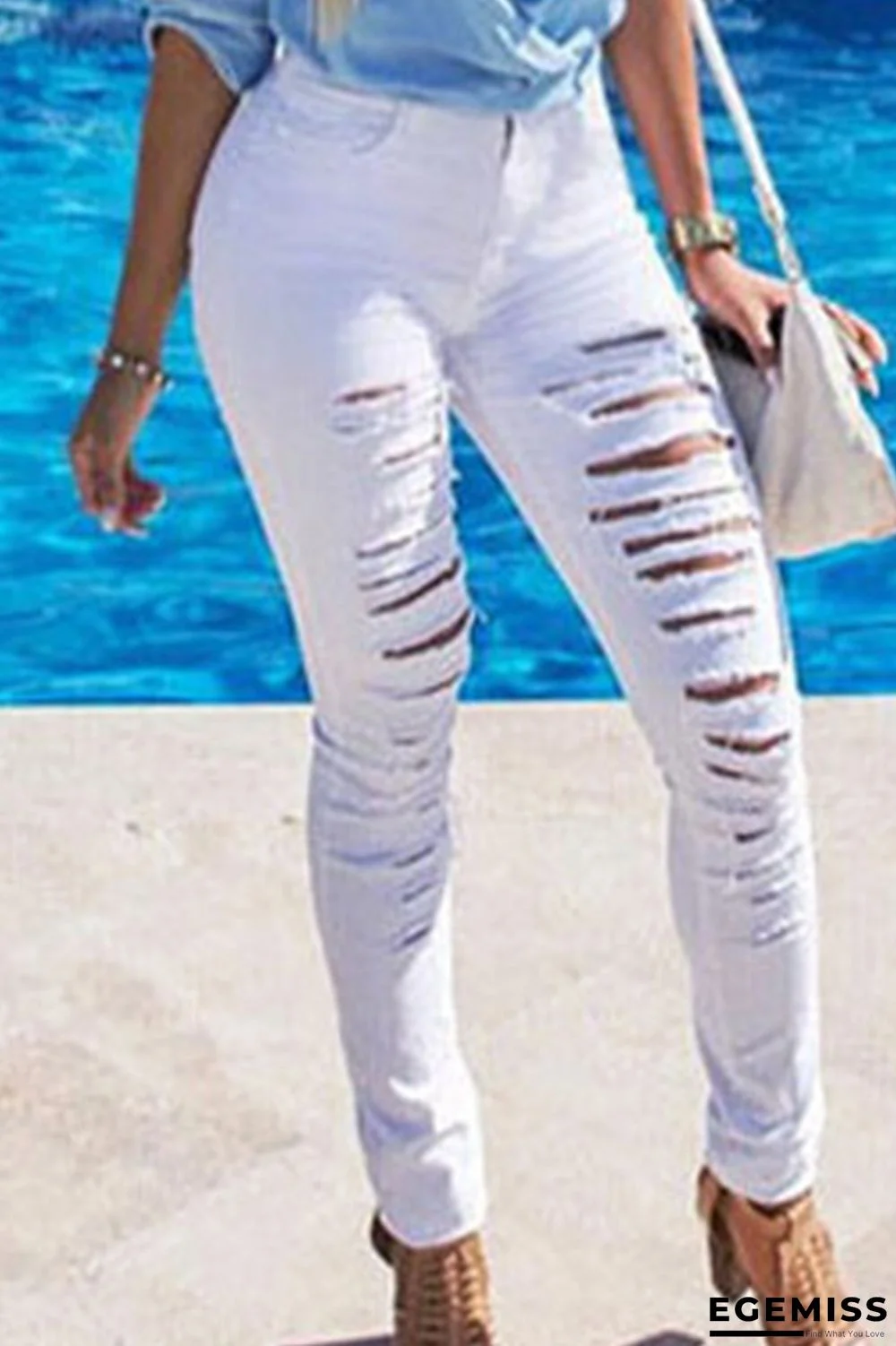 White Fashion Casual Solid Ripped Mid Waist Skinny Jeans | EGEMISS
