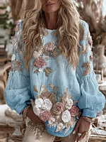 Women's Vintage Romantic White Rose Embroidery Art Comfy Linen Long Sleeve Shirt - Image 5