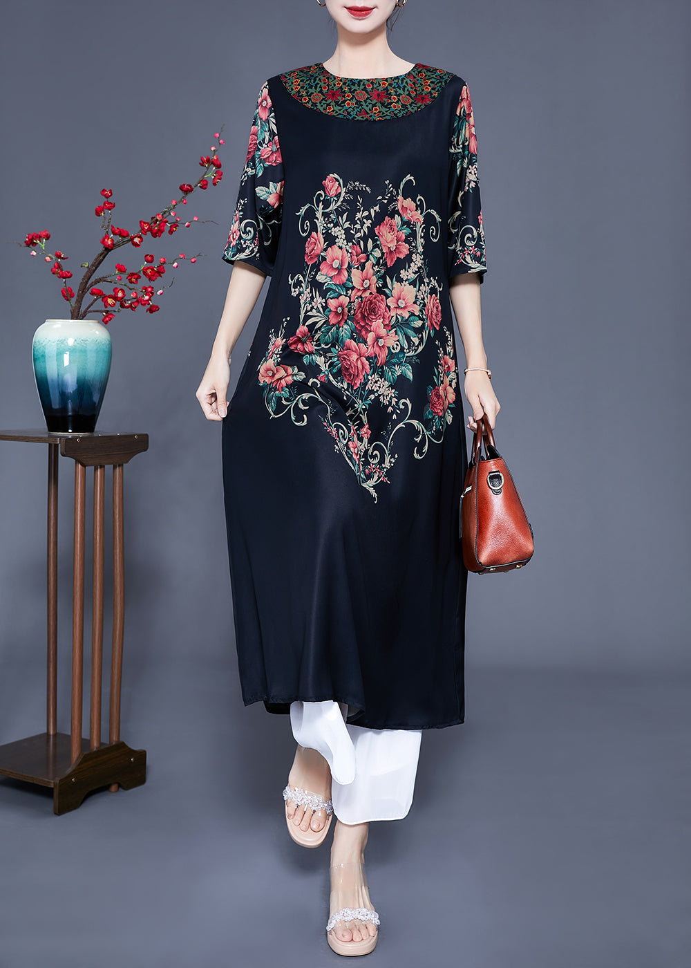 VCSHOES Black O-Neck Print Silk Holiday Dress Half Sleeve