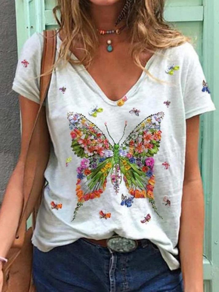 Butterfly Print Short-Sleeved V-Neck Casual T-Shirt