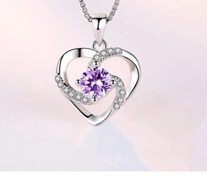 925 Sterling Silver Artificial Gemstones Box Chain Inlay Heart Shape Pendant Necklace