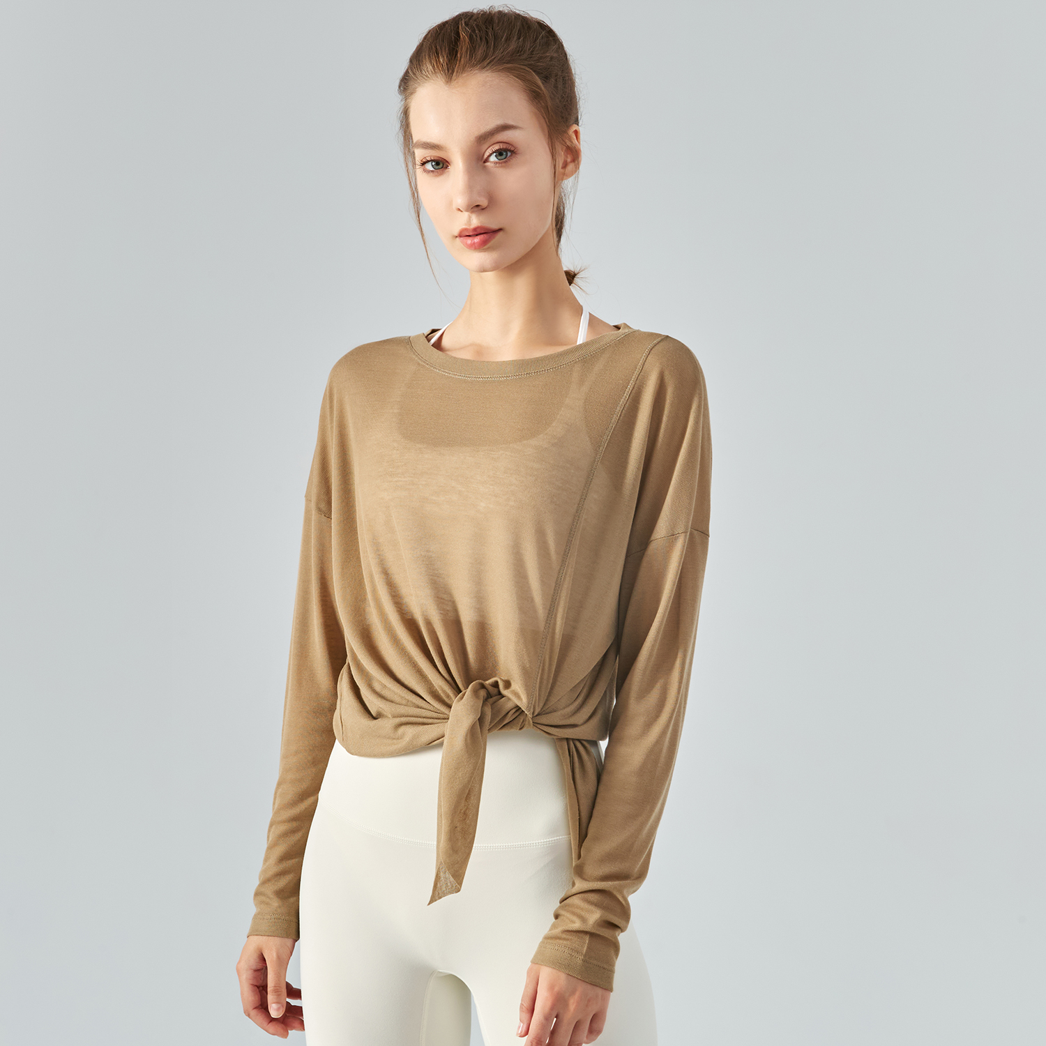 Buy Hergymclothing Khaki Brown long sleeve one side slit lightweight thin running shirt for summer womens at an affordable price