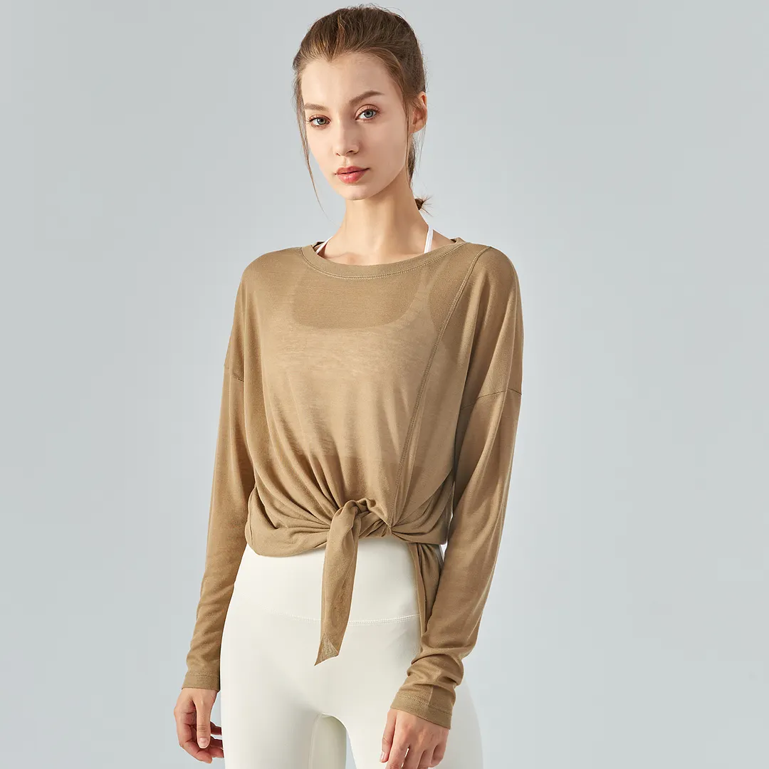 Buy Hergymclothing Khaki Brown long sleeve one side slit lightweight thin running shirt for summer womens at an affordable price