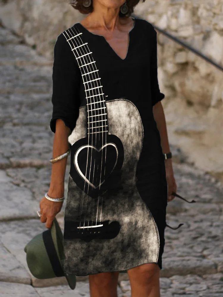 Heart Guitar Art Notch Neck Midi Dress