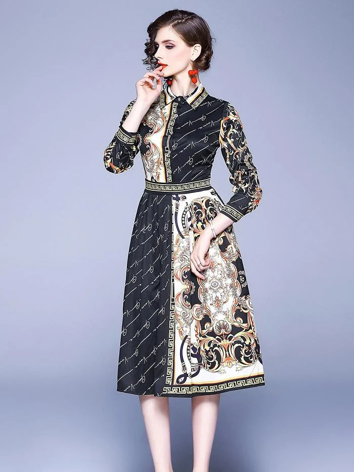 Fashion printed long-sleeved mid-length slim dress