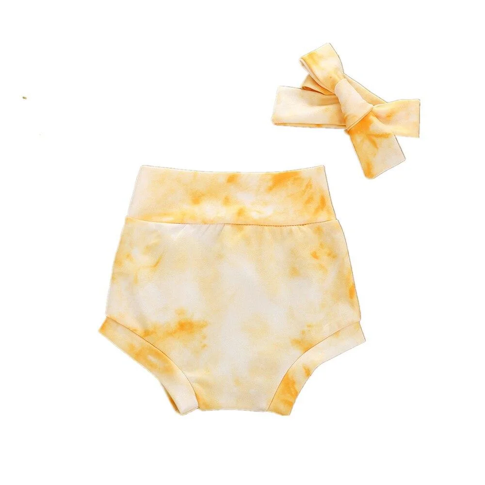 Infant Baby Shorts Soft Comfortable Tie-dye Pants and Bowknot Headwear Children Clothing for Toddler Girls Boys 2Pcs