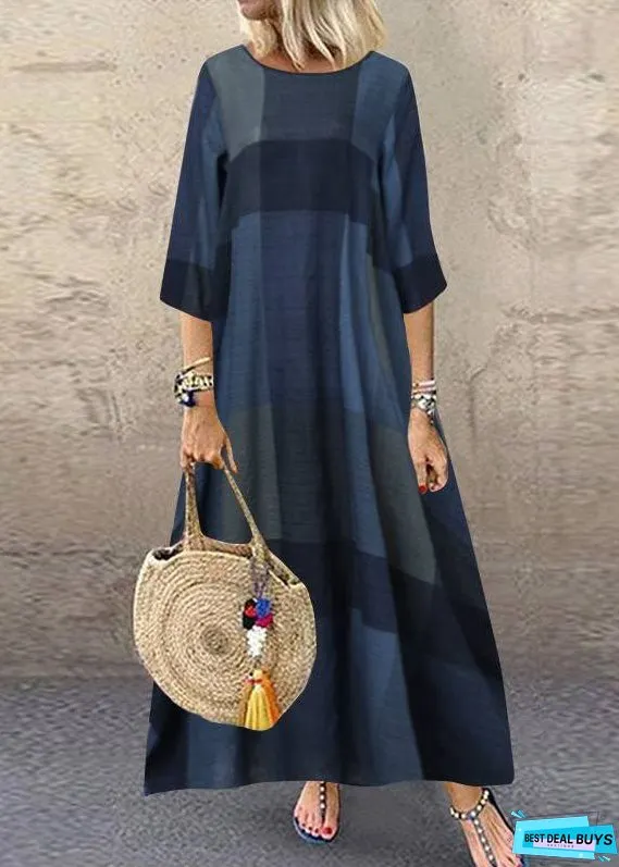 Women Black O-Neck Plaid Maxi Dresses Half Sleeve