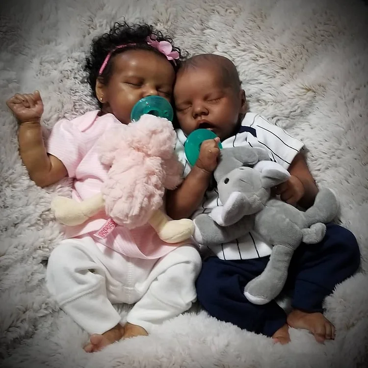African American Reborn Baby Twins Deborah and Delia 17" Real Lifelike Cute Silicone Black Sleeping Baby Doll Gift Set Rebornartdoll® RSAW-Rebornartdoll®