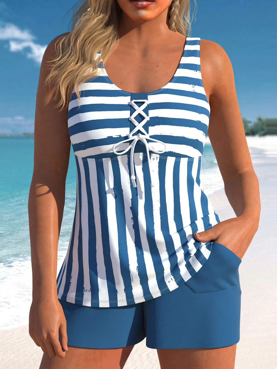 Lace Up Blue Striped Printed Tankini Set - Plus Size Available