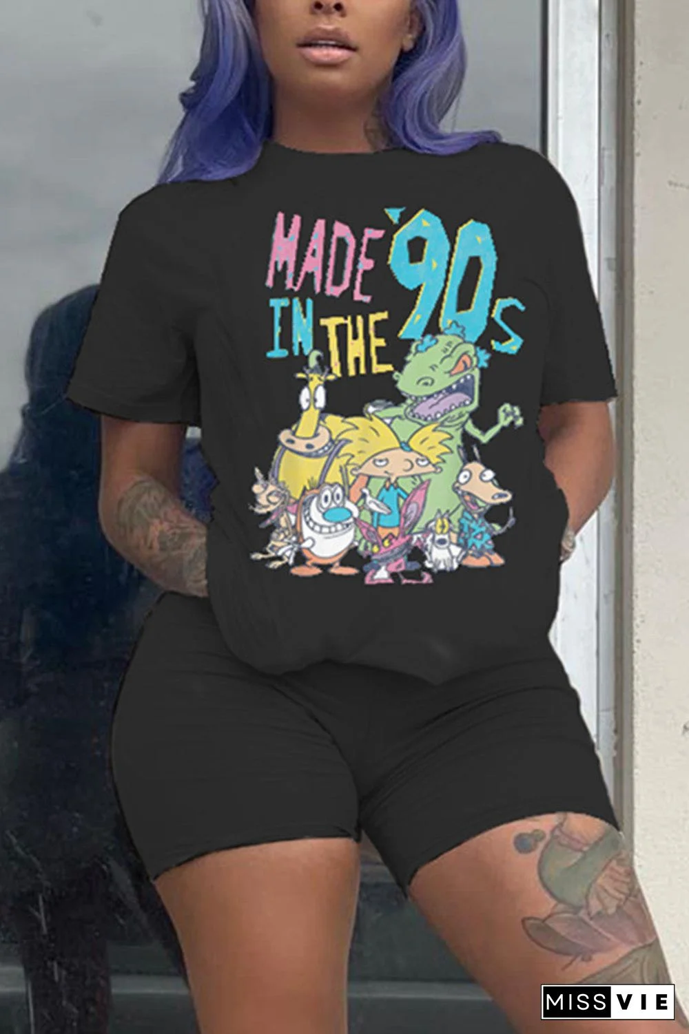 Fashion Casual Character Print Short Sleeve Two Pieces