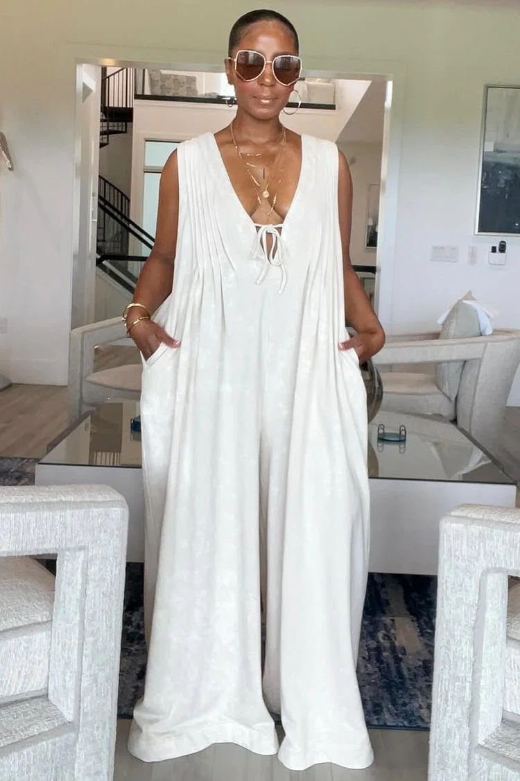 V Neck Sleeveless Pocket Baggy Oversize Wide Leg Jumpsuit-White [Pre Order]