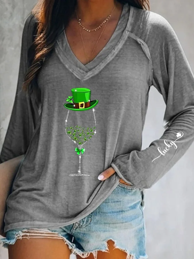 Women's St. Patrick's Day Shiny Wine Glass Lucky Shamrock Long-Sleeve T-Shirt socialshop