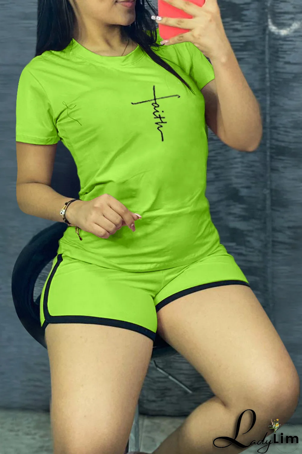 Tangerine Red Casual Print Patchwork O Neck Short Sleeve Two Pieces