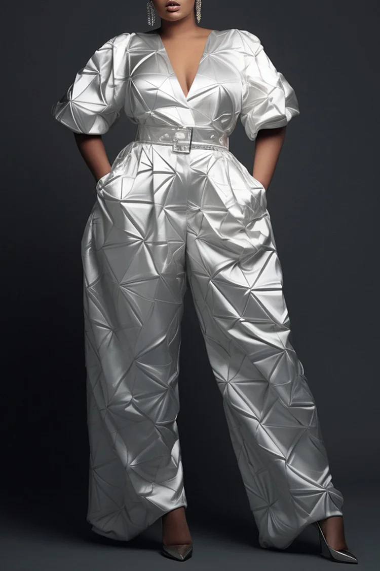 Xpluswear Design Plus Size Formal Silver V Neck Short Sleeve Pocket Elegant Satin Jumpsuits [Pre-Order]