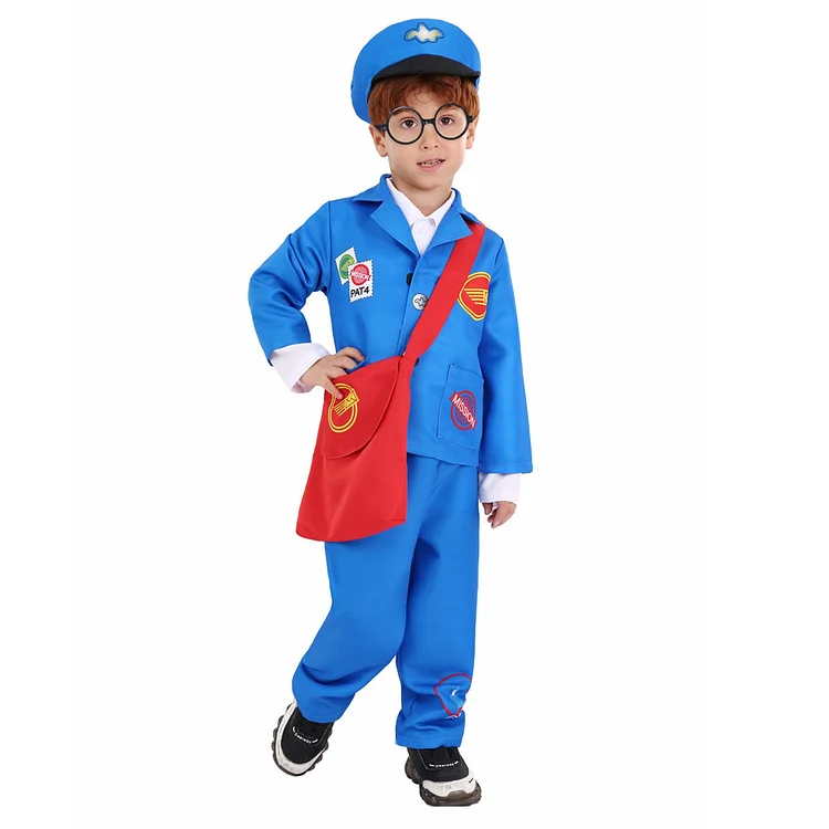 Kids Children Postman Working Uniform Blue Dress Up Costume Halloween Role Play Outfits