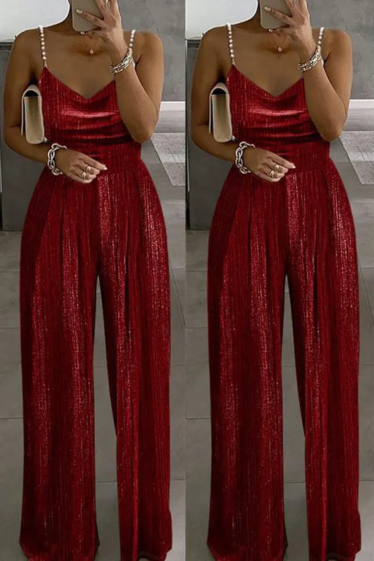 Casual Solid Backless Spaghetti Strap Regular Jumpsuits