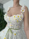 White Daisy Flower 3D Floral Ball Gown Tea Length Midi Bridal Dress Garden Party Cottagecore A Line Embroidered Tulle Mesh Formal