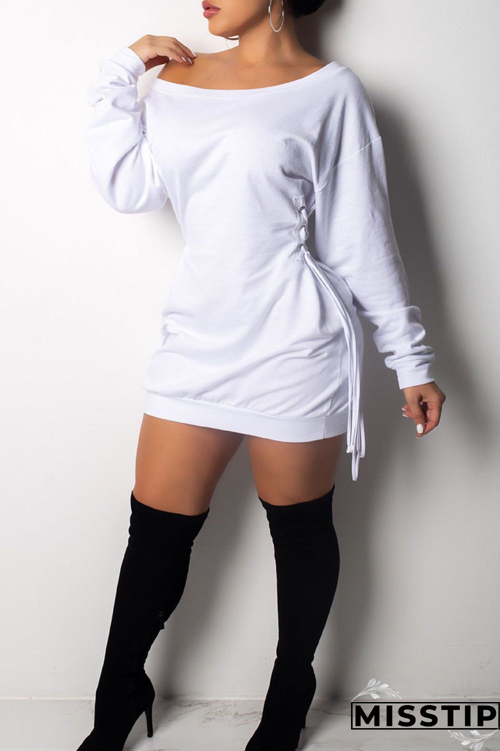 White Sexy Solid Patchwork Draw String Frenulum Fold Off the Shoulder Straight Dresses