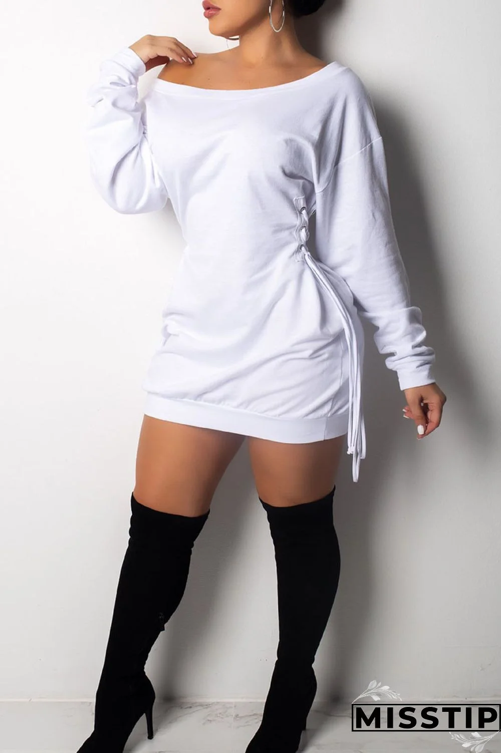 White Sexy Solid Patchwork Draw String Frenulum Fold Off the Shoulder Straight Dresses