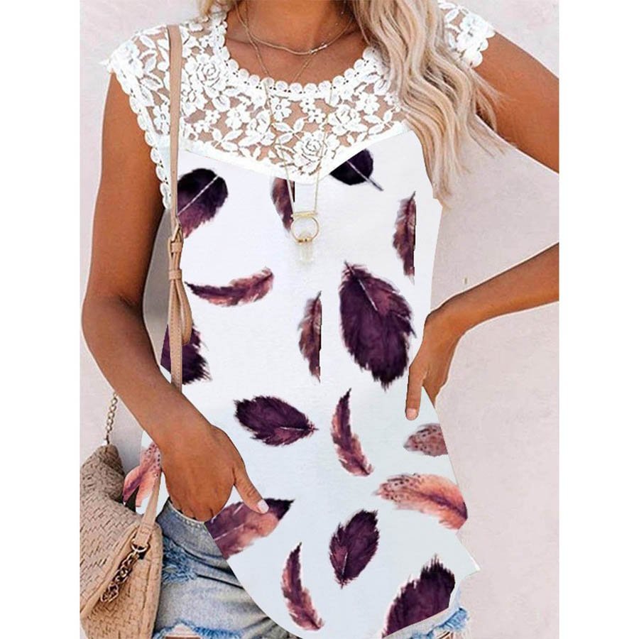 Women's Loose Casual Feather Print Round Neck Lace Vest