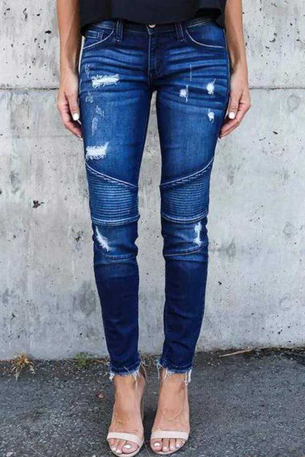 Regular Waist Solid Color Skinny Fit Hole Jeans