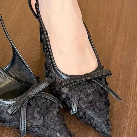 Yyvonne Spring And Summer New Lace Tip Fine Heel Bow High Heels Women's Bao Head After The Empty Sandals Shallow Mouth Single Shoes