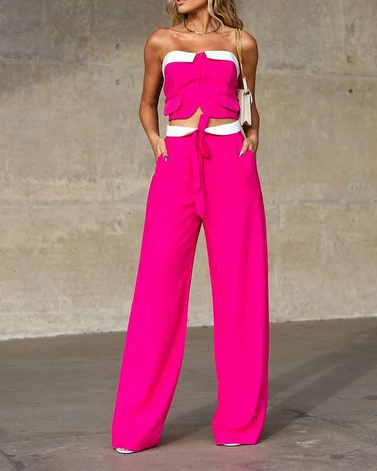 Sleeveless tube top solid color two piece set